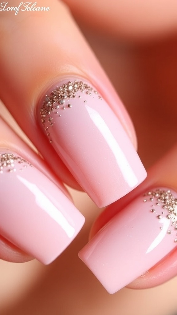 Close-up of pink Christmas nails with rose gold glitter accents.